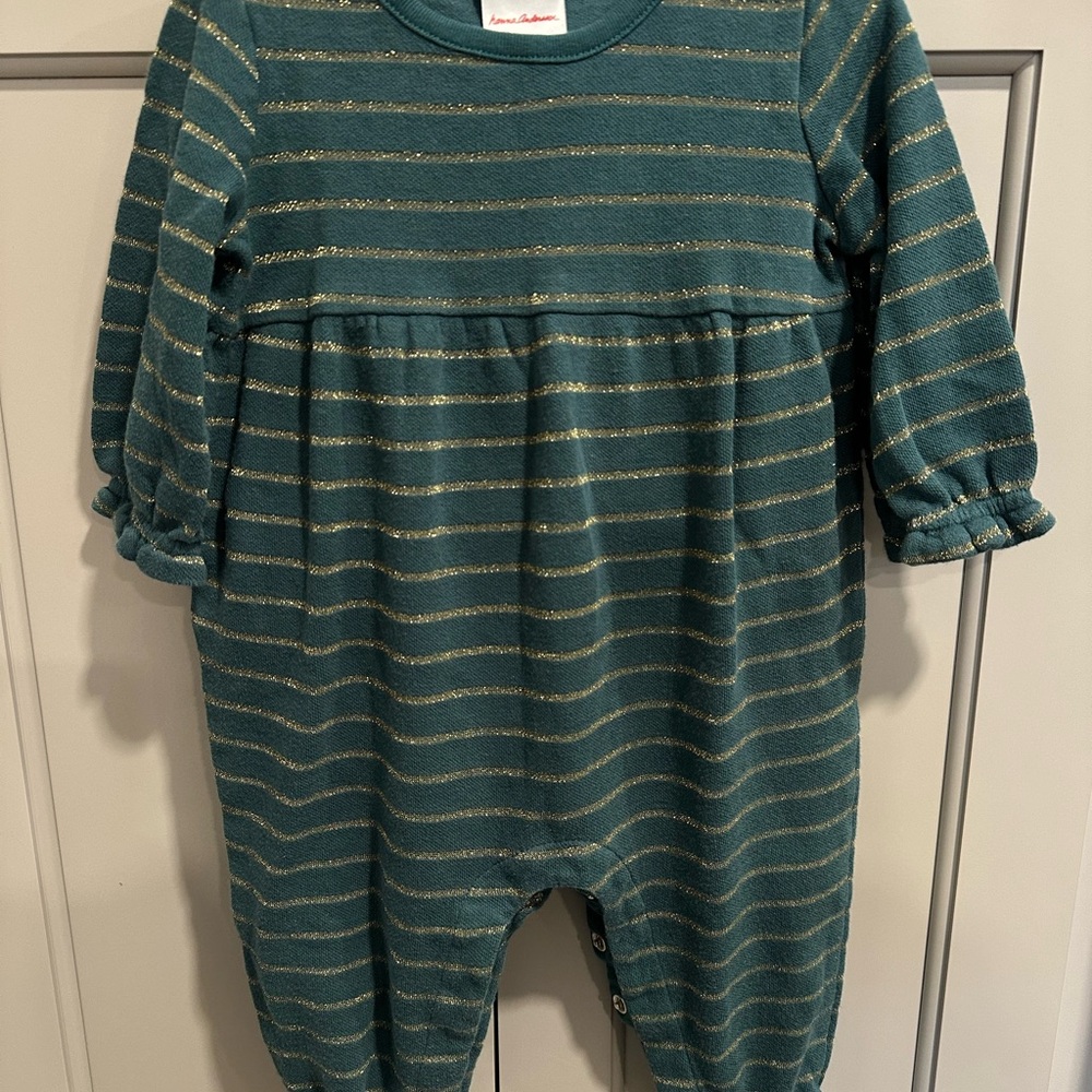 Hanna Andersson Green and Gold Footed One Piece with Stripes long sleeve